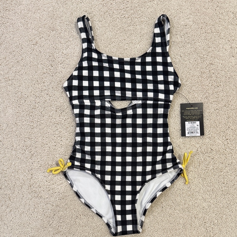 Girls Black and White Checkered Swimsuit